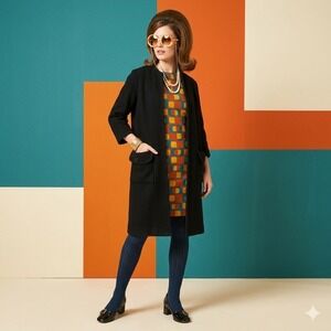 Vintage 60s Kimberly 100% Wool Long Open Jacket Black Size 10